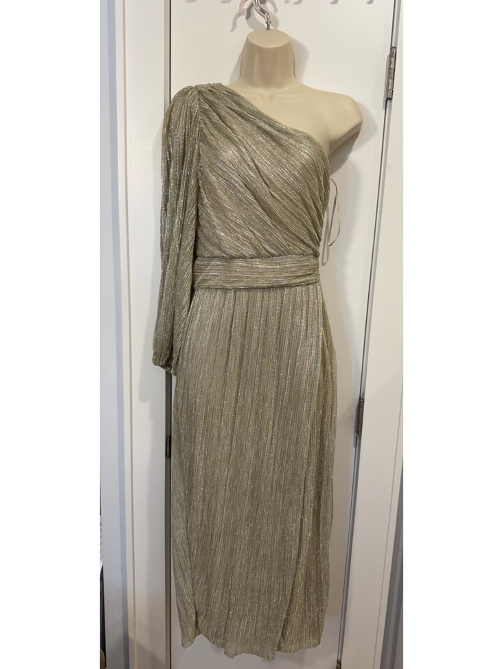 Saylor One-Shoulder Metallic Pleated Maxi Dress Size Small